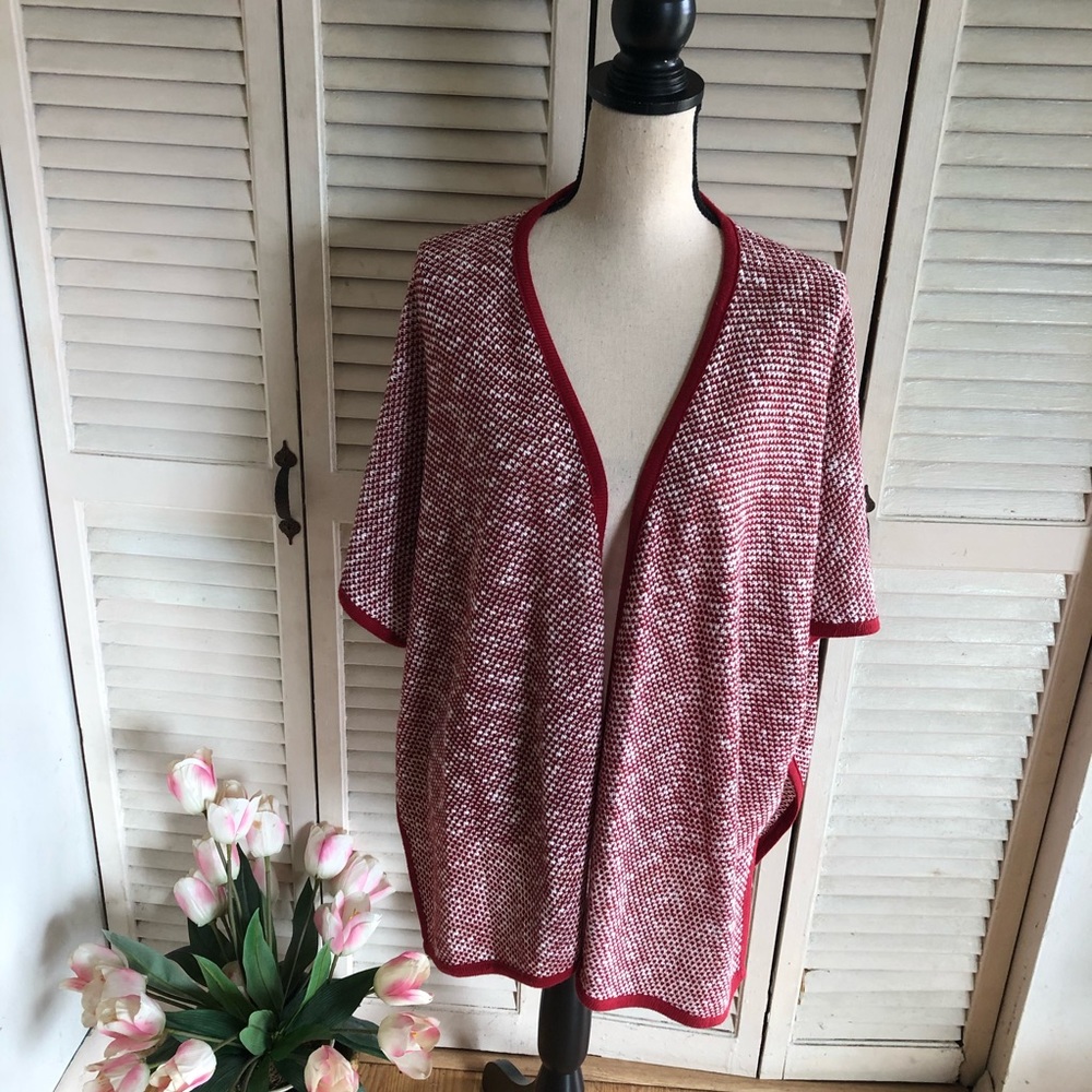 Umgee Red & White Square Open Front Knit Cardigan - image 1